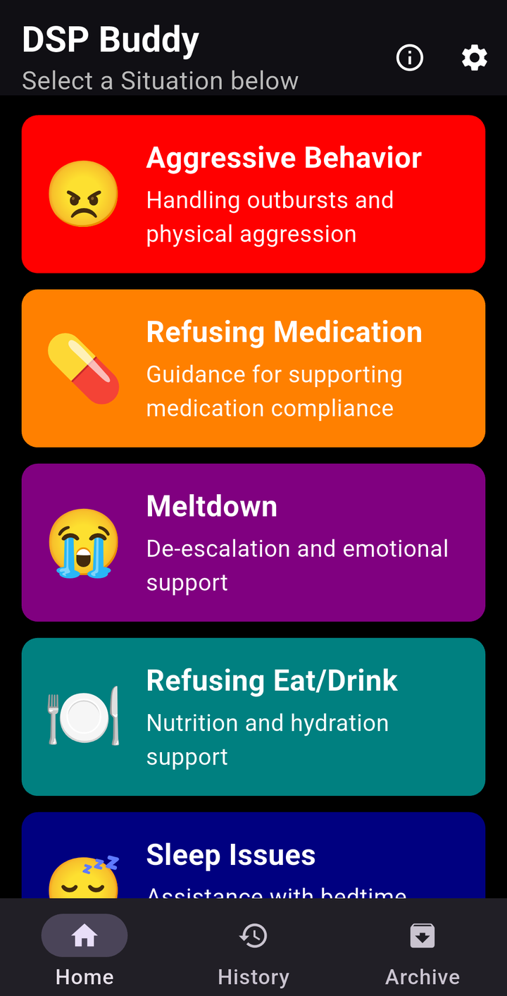 DSP Buddy home screen with color-coded situation categories