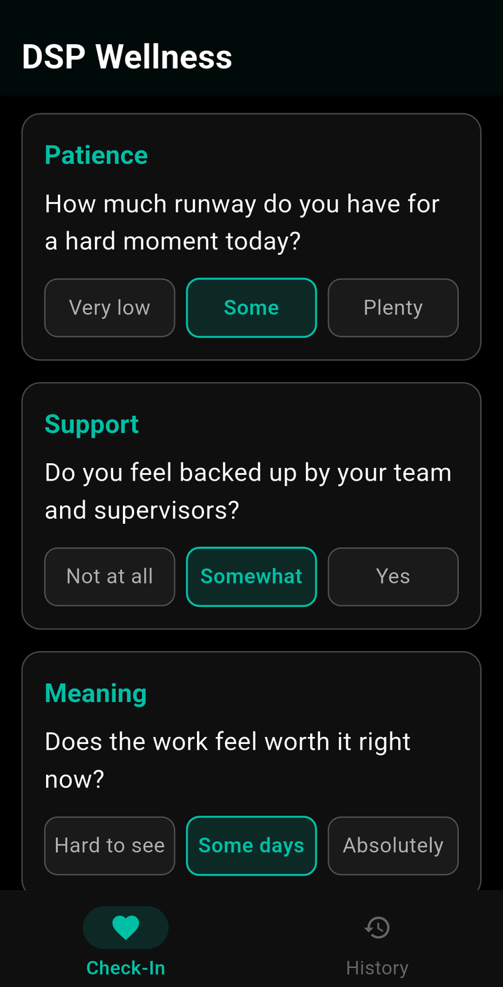 DSP Wellness check-in screen with patience, support, and meaning questions