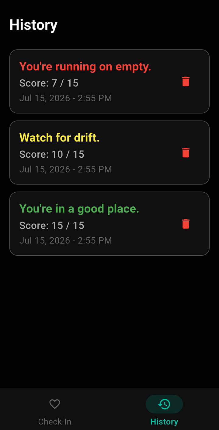 DSP Wellness history list showing past check-in scores