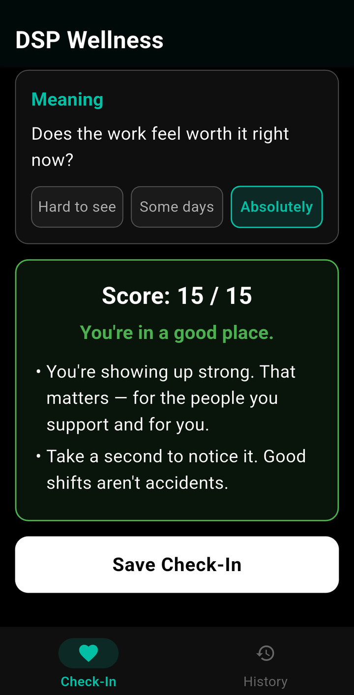 DSP Wellness check-in result showing a high wellbeing score with encouragement