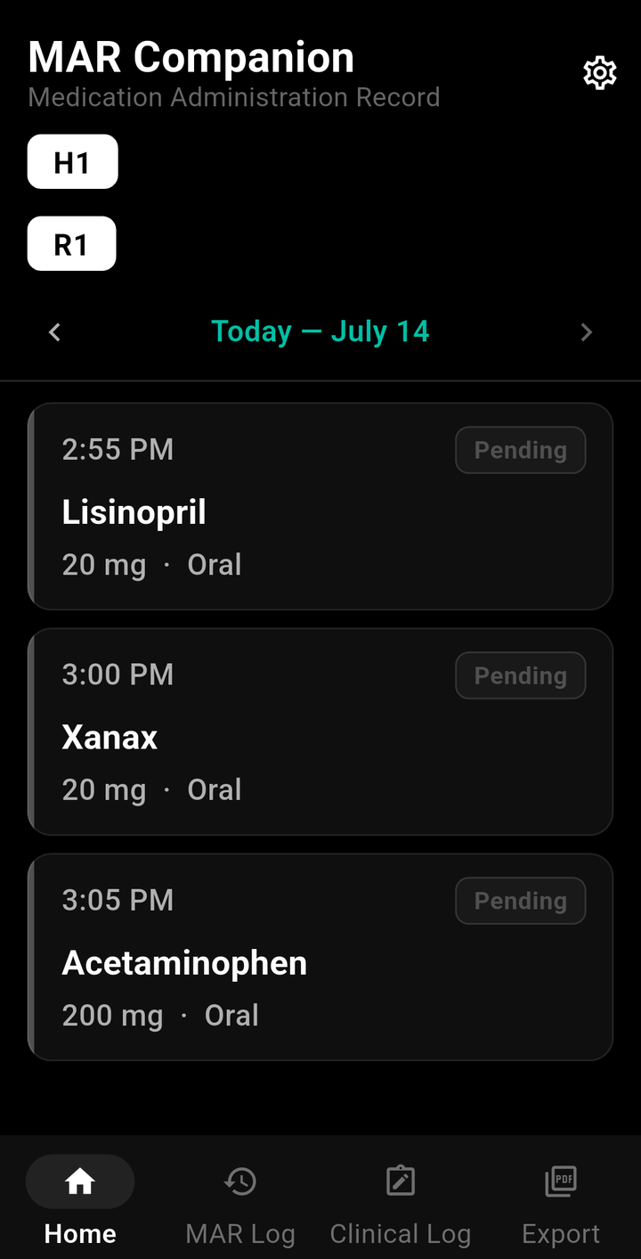 MAR Companion home screen showing pending medication passes