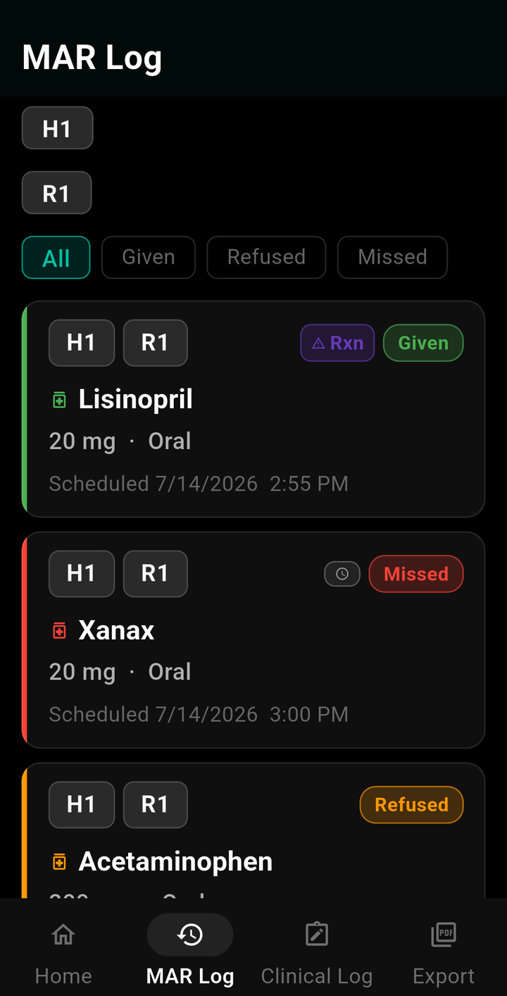 MAR Companion log showing Given, Missed, and Refused entries