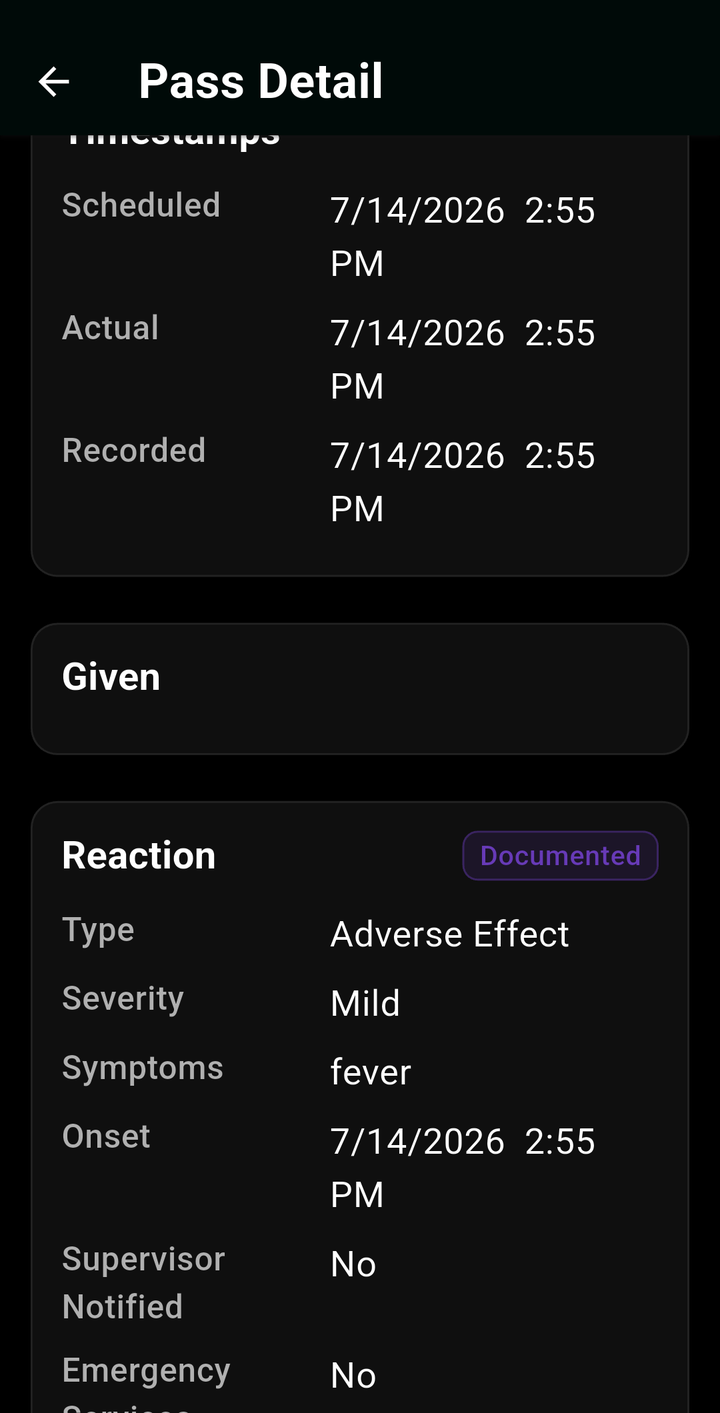 MAR Companion pass detail with timestamps and reaction record