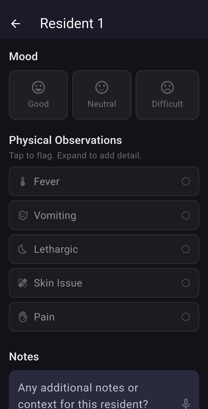 Resident Check mood and physical observations form