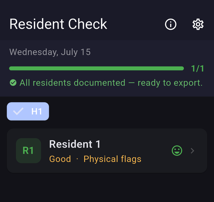 Resident Check home screen showing all residents documented and ready to export