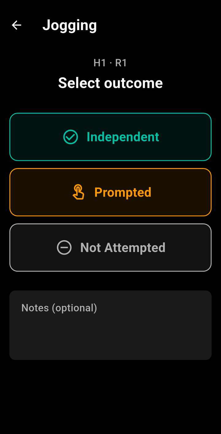 Resident Goal Tracker outcome selection: Independent, Prompted, or Not Attempted