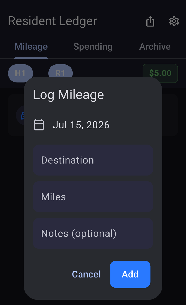 Resident Ledger log mileage form with destination and miles