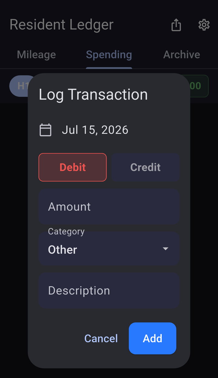 Resident Ledger log transaction form with category and description