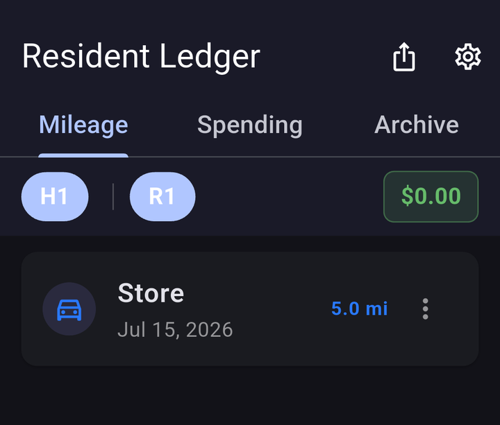 Resident Ledger mileage tab showing a logged trip